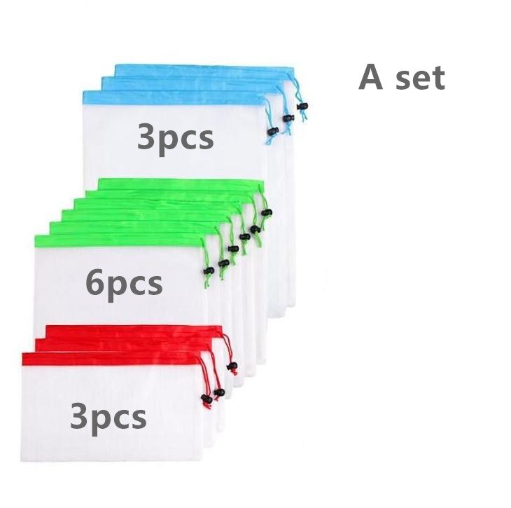 Herbruikbare mesh-productentassen, eco-superieure dubbel gestikte stoffen trekkoord mesh-tas voor het winkelen voor fruit, groenten en reizen: Aset 1
