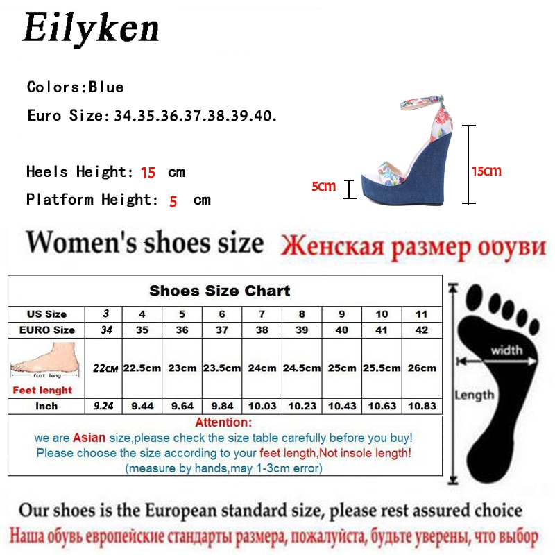Eilyken Print Denim Sandalen Romeinse Sandalen Wiggen Hoge Hakken Peep-Toe Platform Schoenen Vrouw