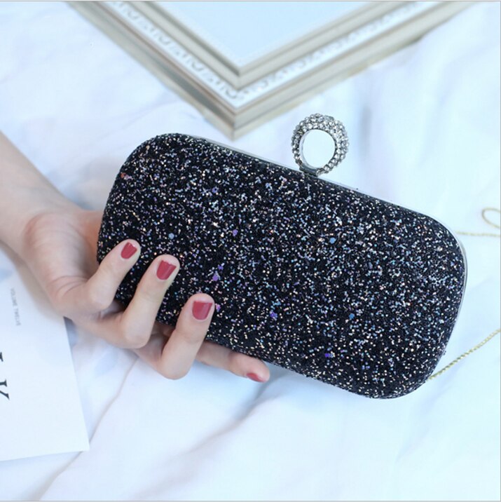 Women Glitter Evening Clutch Bag Ladies Wedding Party Shiny Handbag Prom Purse Chain: Black