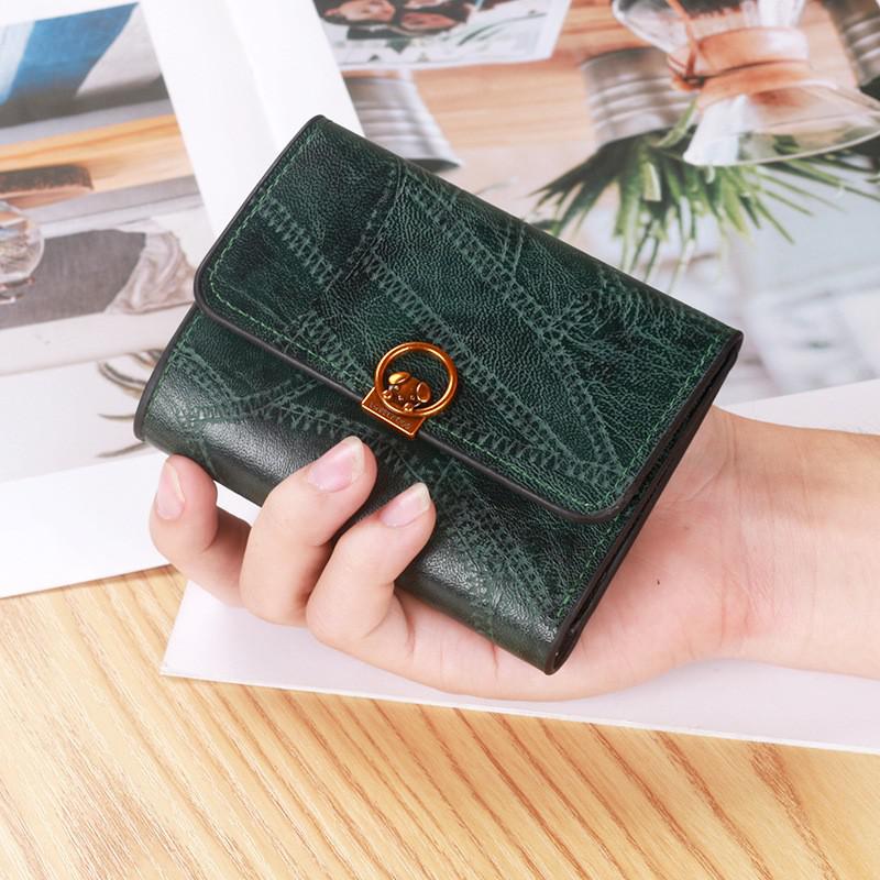 Carteira curta feminina 2020 retro selvagem carteira de três dobras fivela carteira feminina simples moda senhoras embreagem mini moeda carteira: Green