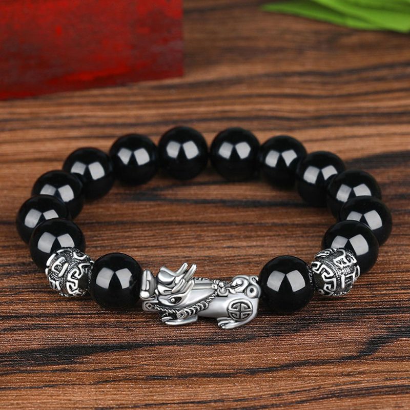 Mannen Zwart Obsidiaan Steen Boeddhisme Zes Woorden Legendarische Bixie Bead Armband Trekken Lucky Wealth Amulet Sieraden: 3