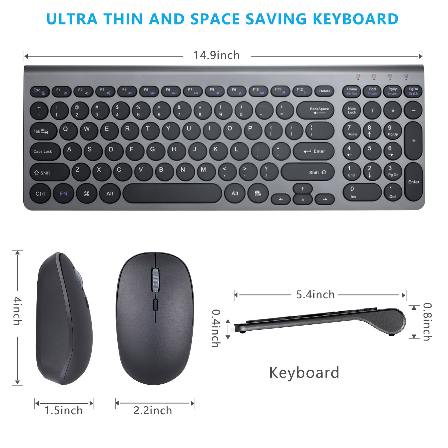Wireless Keyboard and Mouse Combo, Compact Slim Full Size, Round Keycaps, Silent Mice, for PC, Laptop, Computer, Windows