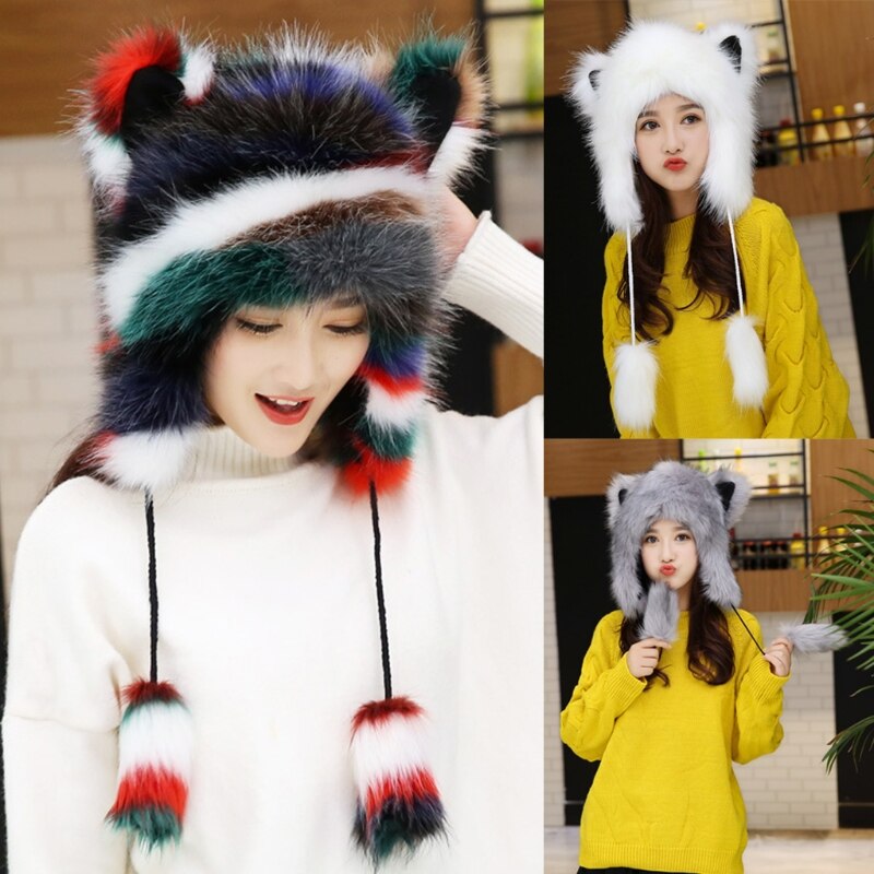 Women Winter Fluffy Furry Trapper Hat Cute Cat Ears Fuzzy Plush Animal Earflap Cap Windproof Thermal Earmuff Warmer