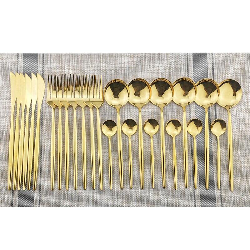 24 stk. rosaguld bestik sæt 304 rustfrit stål servise sæt kniv gaffel ske køkken bordsæt fest sølvtøjssæt: Guld