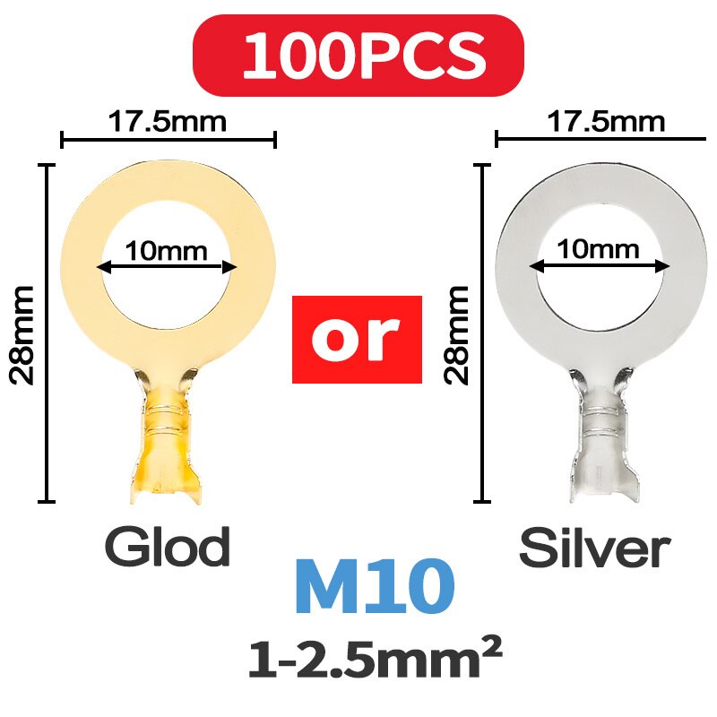 100PCS/lot M3 M4 M5 M6 M8 M10 Ring Lugs Terminals Gold Brass/Silver Non-insulated Crimp Termin Electrical Wire Connectors: M10 - 100PCS / Gold
