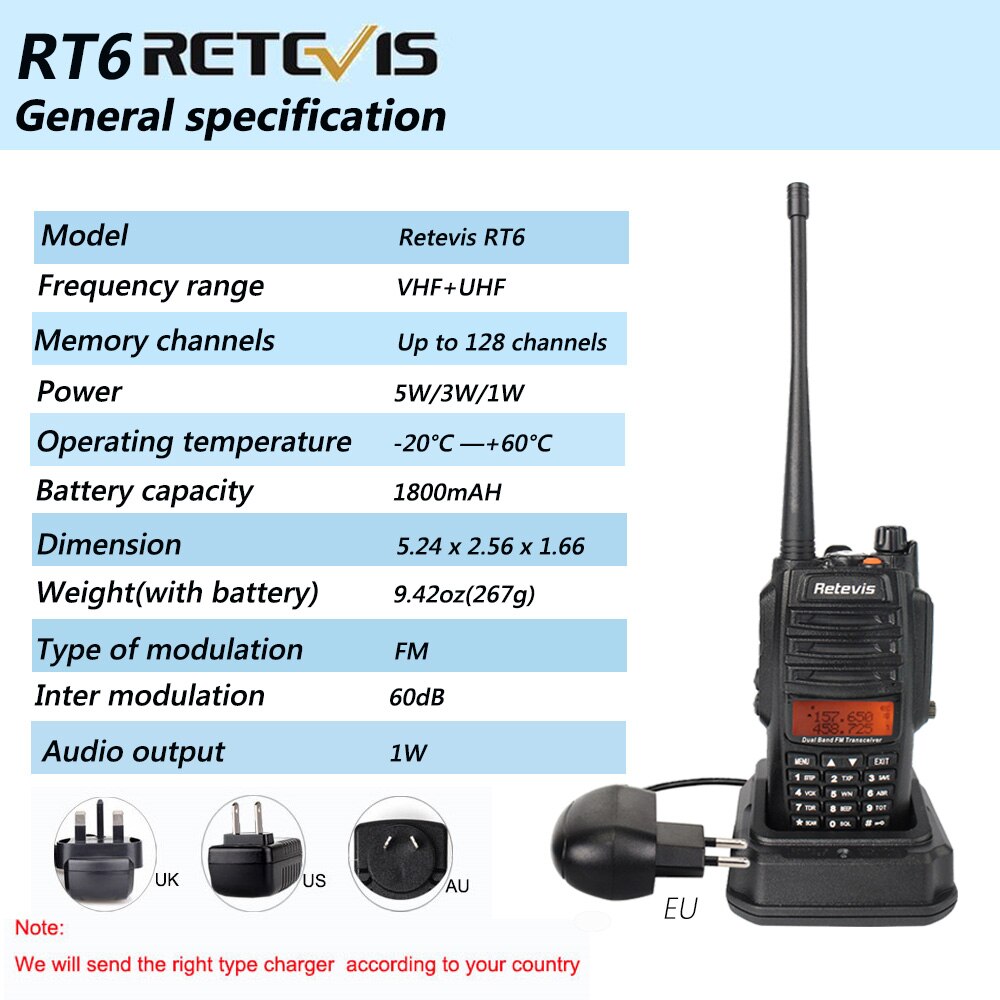 Retevis RT6 Wasserdichte Walkie Talkie IP67 5W 128CH Dual Band VHF UHF Radio VOX FM LCD Anzeige Tragbare Spaziergang sprechen Walkie-Talkie