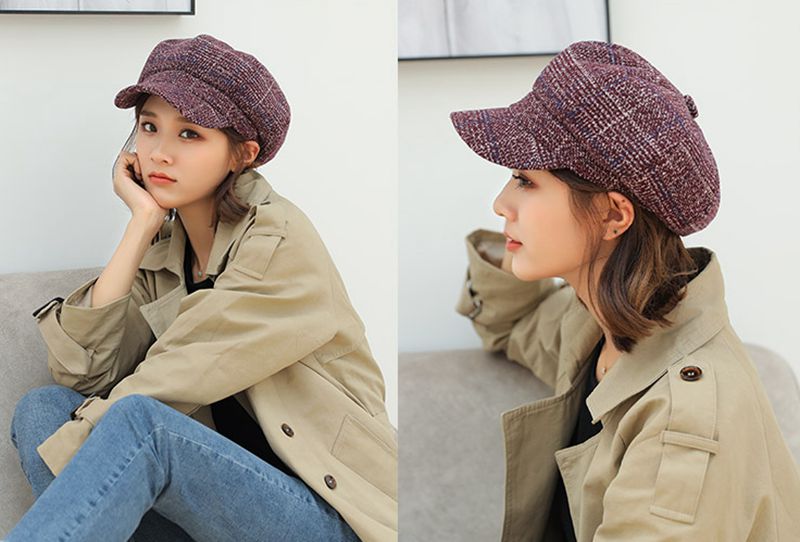 Casquete de tela a cuadros para mujer, gorra octogonal de otoño e invierno, sombrero de pintura de estilo Vintage, gorro de calle, gorra de vendedor de periódico