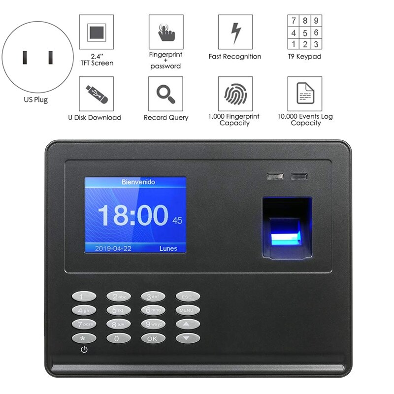 US Plug, H2 ligent Biological Fingerprint Password Attendance Machine Employee Sign-In Recorder