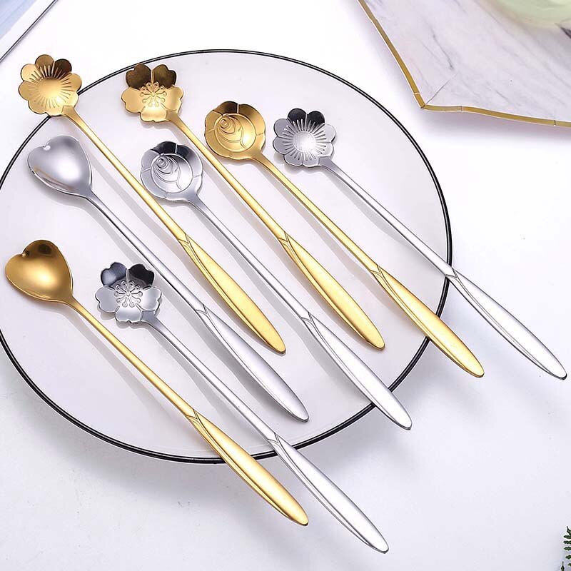 Acier inoxydable cerisier fleur cuillère créativité pétale longue poignée vaisselle mélange café crème glacée cuillères à café Gadgets de cuisine