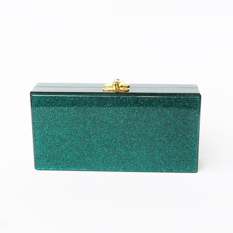 China Factory Supplier Small Green Glitter Ladies Bridal Acryli Holder Box Makeup Case Acrylic Box Clutches Evening bags