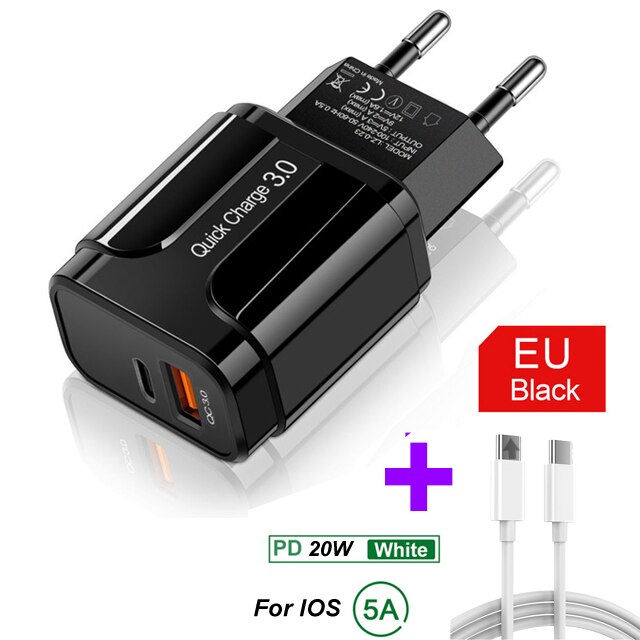 18W PD Quick Charge 3,0 USB Ladegerät EU/US/UK Stecker Handy Ladegerät Für iPhone 12 11 Pro X XR XS MAX blitz Schnelle Lade: EU Cable 1