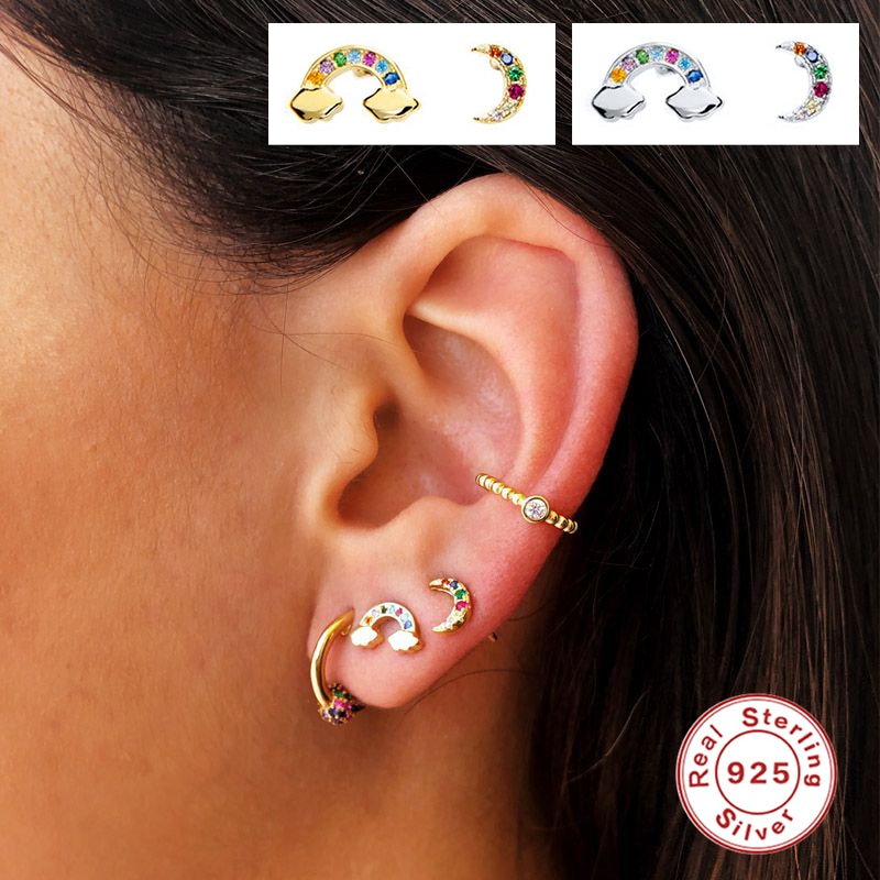 ROXI Mini Rainbow Cloud Moon Crystals Stud Earrings for Women Girl Birthday 925 Sterling Silver Earrings Piercing Orecchini