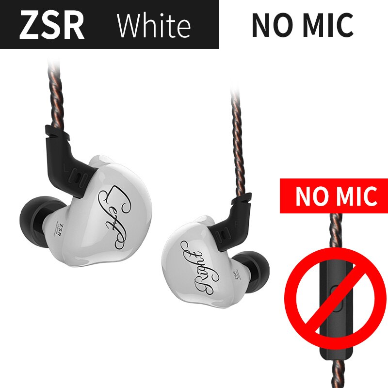 Kz Zsr 1DD + 2BA Hifi Sport In-Ear Oortelefoon Dynamische Driver Noise Cancelling Headset Vervanging Kabel AS10 ZS10 zst: white no mic