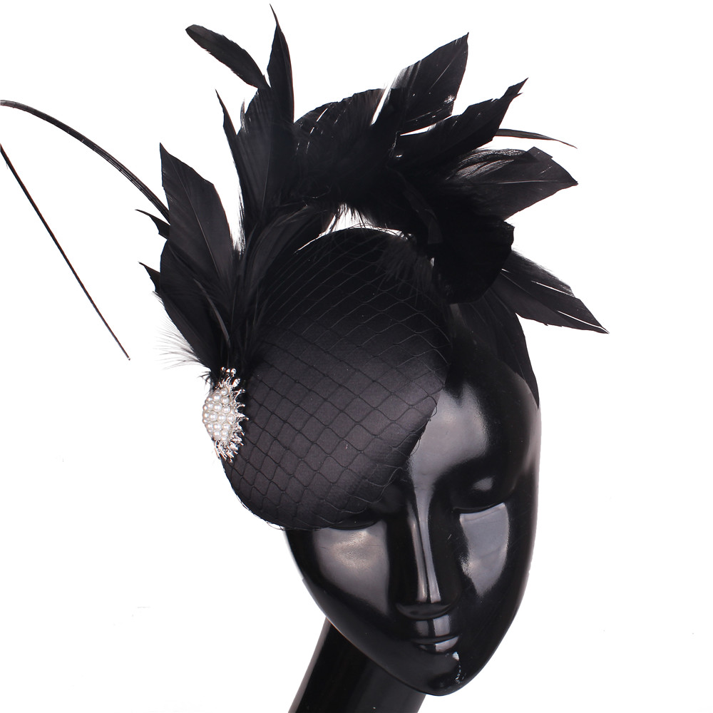 Nice Magenta Satin Hair Fascinator Hat Evening Party Formal Church Ladies Millinery Hat Bridal Wedding Headpieces With Feathers: black