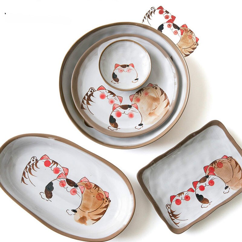 Japanese Handmade Series Ceramic Plate Tableware Cat Pattern Plate Fish Plate Cute Family Dinner Plate Support Plates