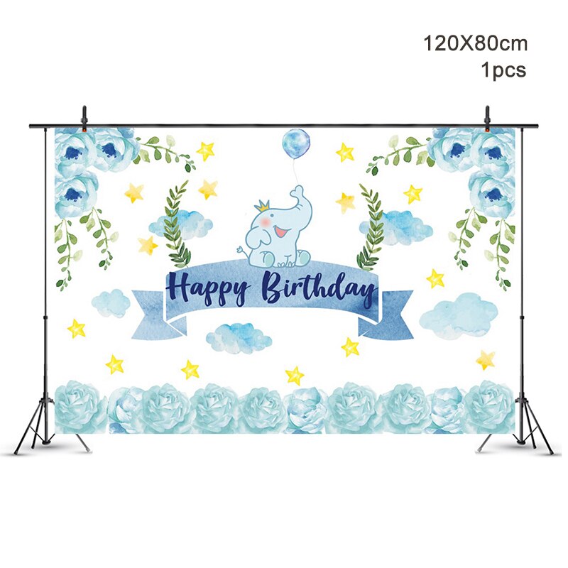 Blå babyelefant tema födelsedag dra flagga set fest dekoration leveranser layout banner duk koppar och tallrikar baby shower
