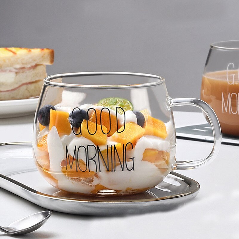 God morgen krus gjennomsiktig glass kopp varmebestandig kaffe melk juice te frokost krus håndtere par tasse