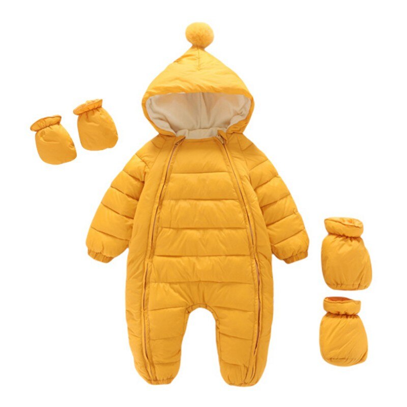 Jlong bebê meninas meninos snowsuit pompom com capuz quente macacão footies + luvas + sapatos 0-24m infantil zíper uma peça: Y / 100-XL(18-24M)