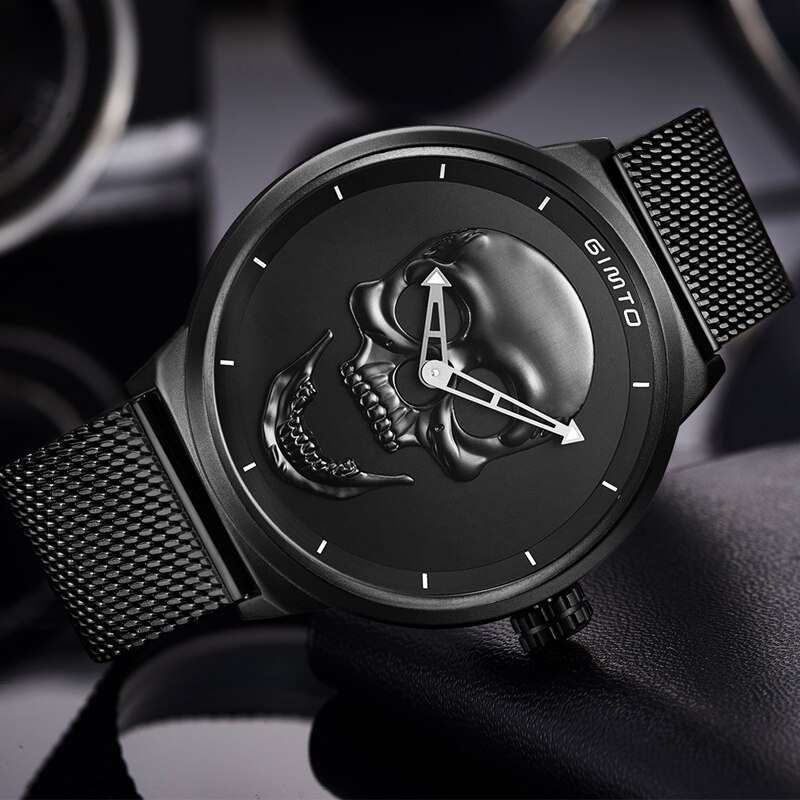 GIMTO-relojes casuales de acero inoxidable para hombre, reloj de pulsera masculino de cuarzo, con de calavera dorada, color negro