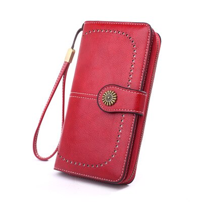 Damen-geldbörse aus gewachstem leder im retro-stil mit langem reißverschluss, handytasche, kartenetui und handtasche.: Rot