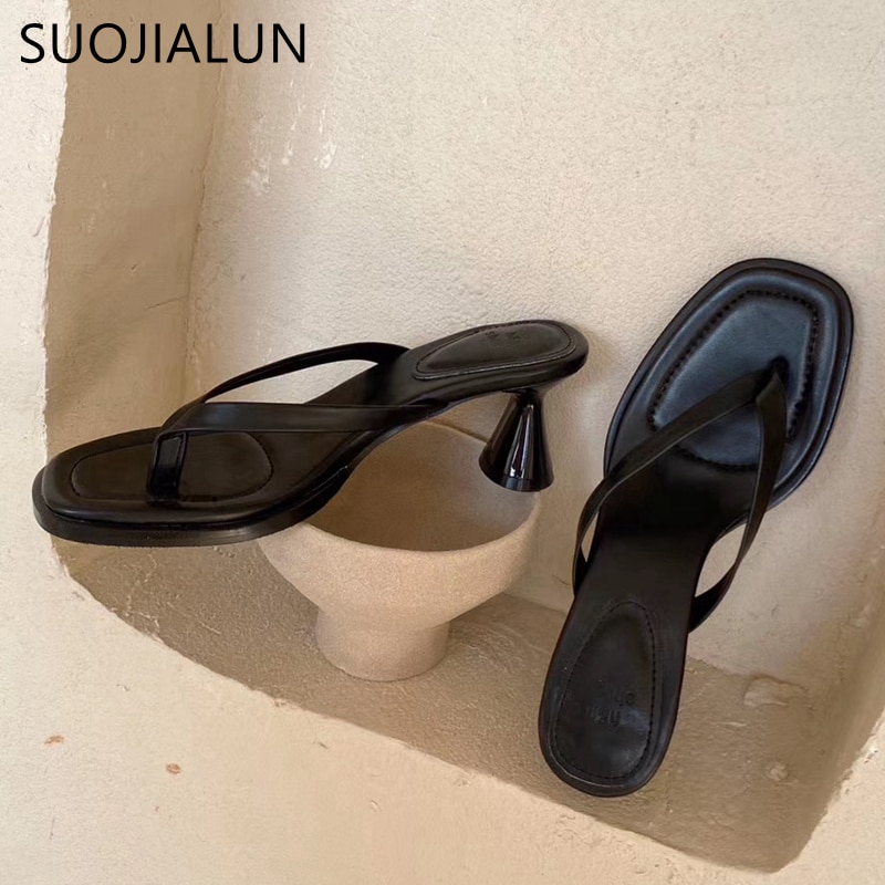 Suojialun sommar kvinnor smalband flip flop högklackat tofflor kvinnliga peep toe sandaler för klänning skor tofflor