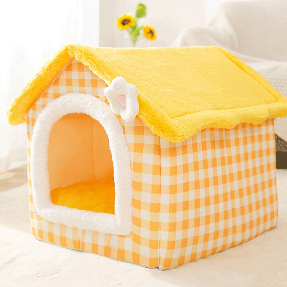 Foldable Pet Cat House Indoor Warm Kennel Pet Cat Cave Nest Washable Removable Mat Cozy Sleeping Bed Pet Supplies: Yellow / S