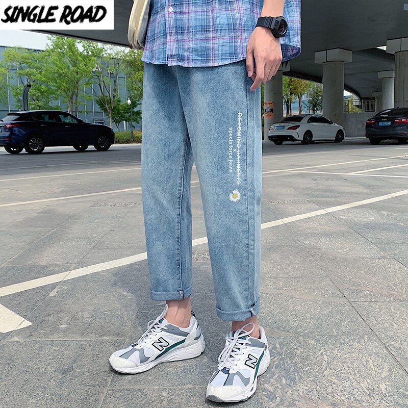 Singleroad heren jeans oversized wijde pijpen print broek japanse streetwear heren denim broek casual jeans voor heren