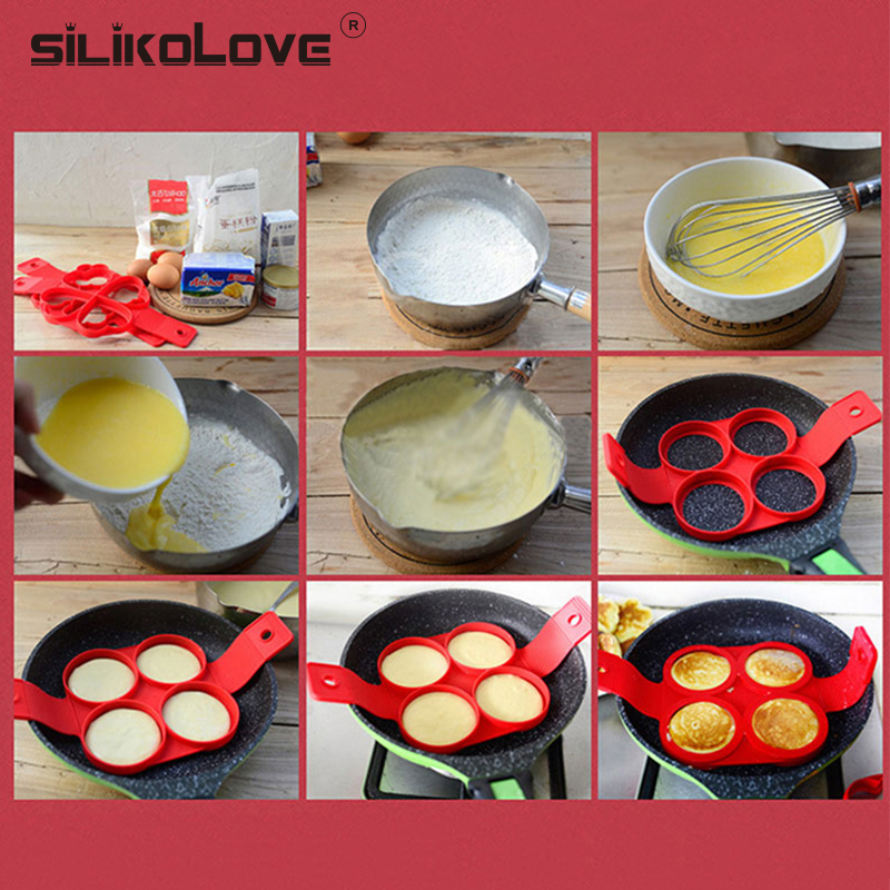 Nonstick Pancake Maker 4 Grids Siliconen Keuken Pancake Mold Ei Koken Tool Gebakken Ei Ring Maker