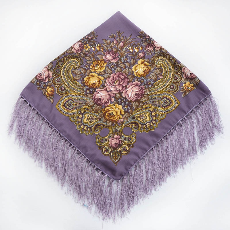 Chal de estilo ruso Pavlovo Posad, chal Vintage con estampado Floral, hiyab, bufanda con borlas, 35*35 '',: light purple