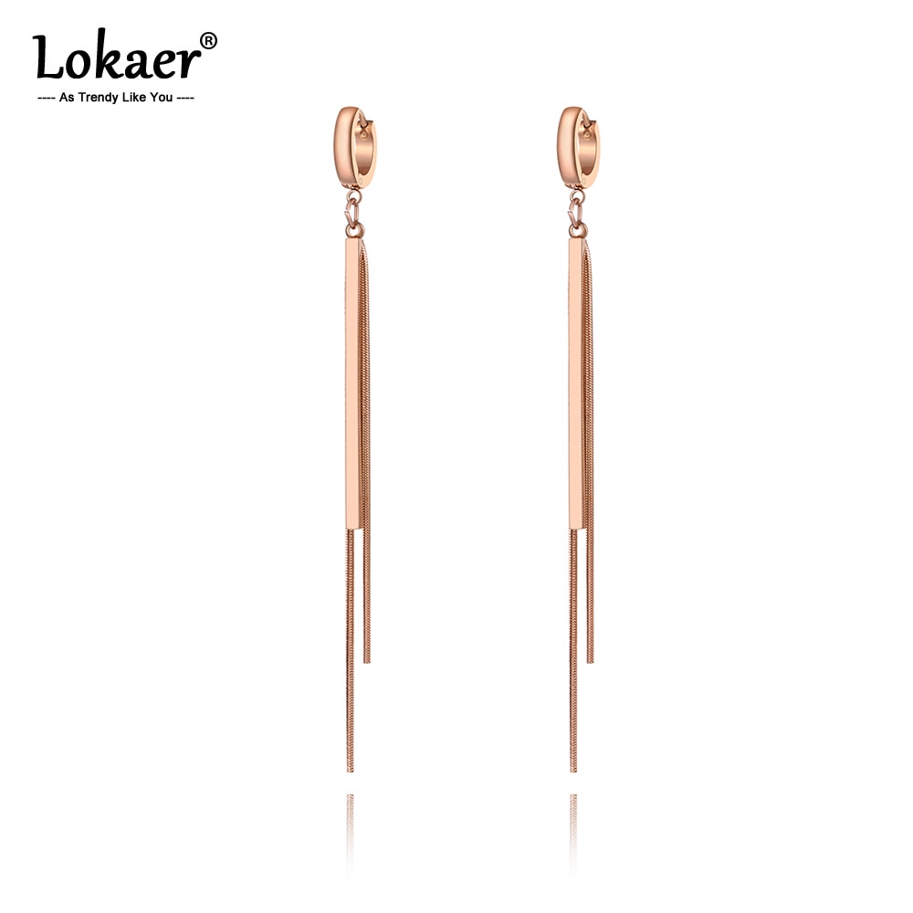 Lokaer modisch Rose Gold Lange Streifen & Kette Quaste Ohrringe Für Frauen Mädchen Titan Stahl Party Band Ohrringe Schmuck E19228