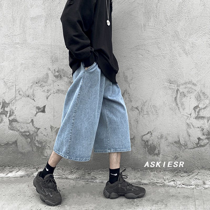 Sommar korta jeans herr casual retro raka jeans herr streetwear vild lös hiphop dragsko jeansbyxor herr