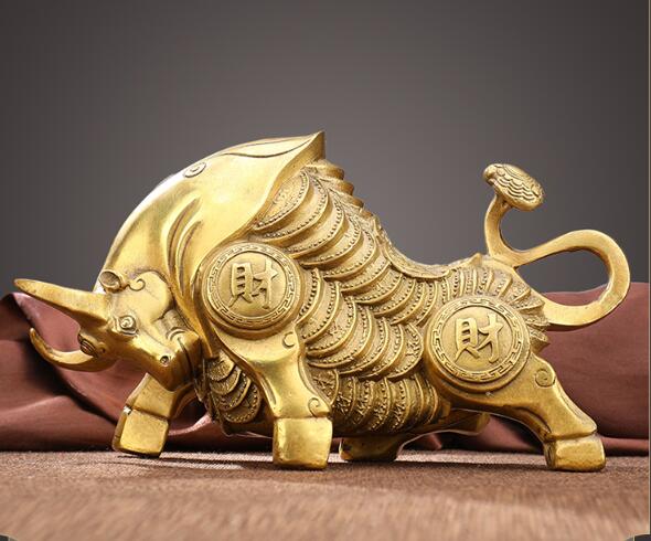Medium Size Brass Bronze Wall Street Fierce Bull OX Figure Statue 7" Long