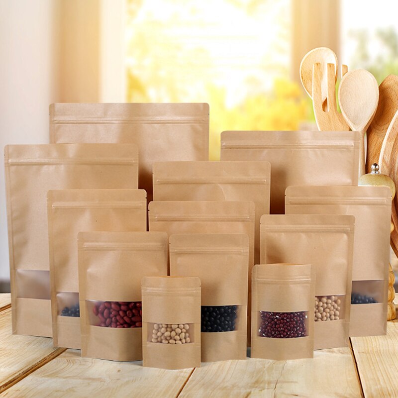 1PC Kraft Paper Round Angle Open Plastic Seal Package Bags Dried Fruit Nuts Retail Food Storage Bags 11 Size