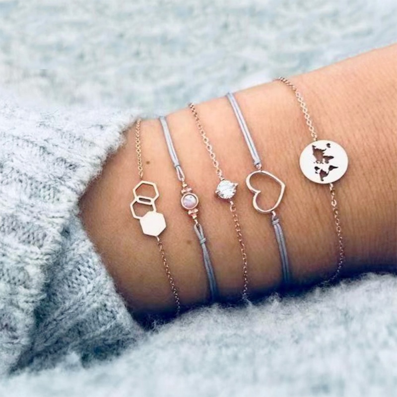 New New Rope Chains Jewelry Gift Trendy Hollowing Geometric Hexagon Opal Love Heart Disc Map Zircon Bracelets Female 5 Pcs/set