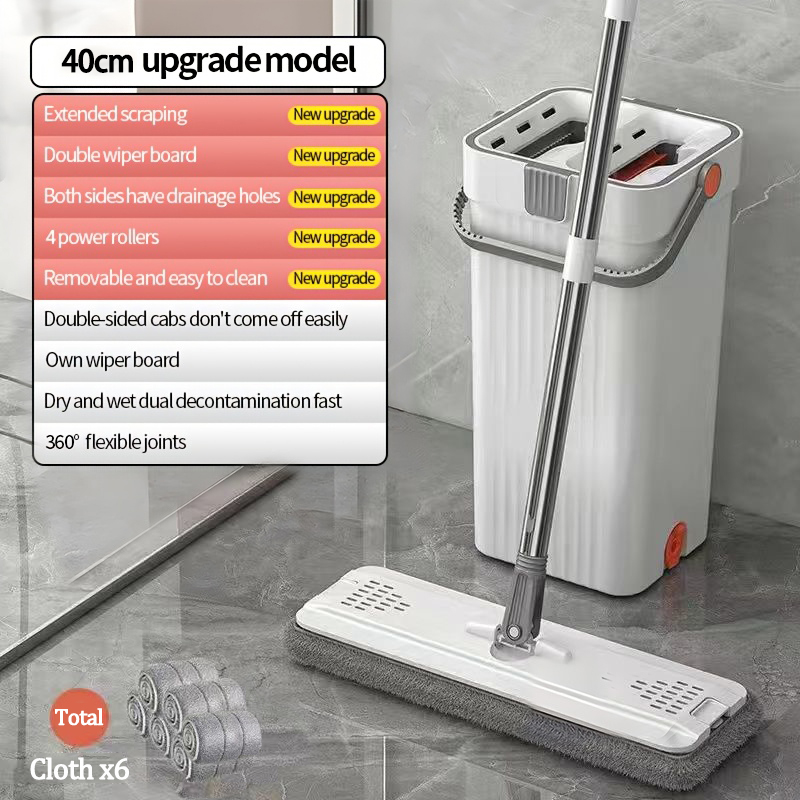 Håndvask flad moppe med spand sæt 40cm & 15.7in 360 grader moppe våd og tør brug til alle gulvtyper rengøringsmiddel til hjemmet mopper værktøj: Hvid