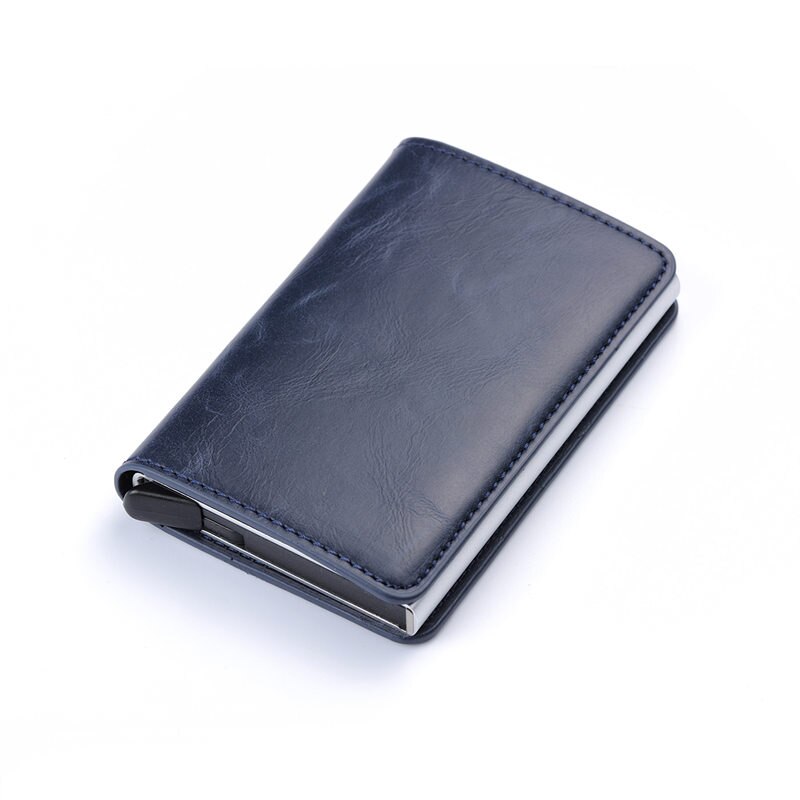 Zovyvol Business Credit Card Holder Men Women Metal RFID Vintage Aluminium Box Crazy Horse PU Leather Card Wallet Purses: Blue X-12A