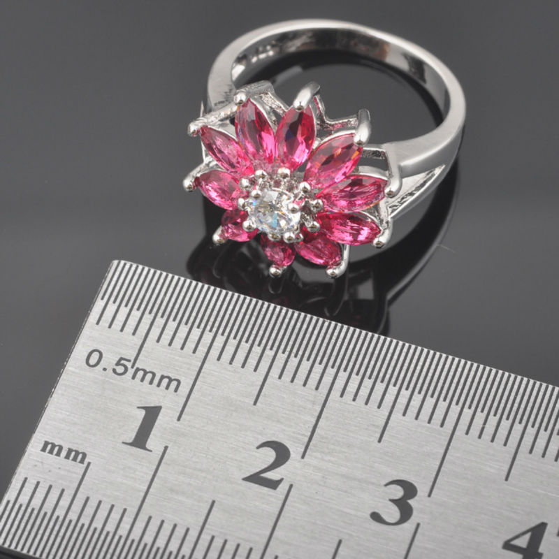 Zilveren sieradenset voor dames, trouwketting, oorbel, ring, hemelsrode zirkonia, kristallen bloem, kostuumsets  qz0435