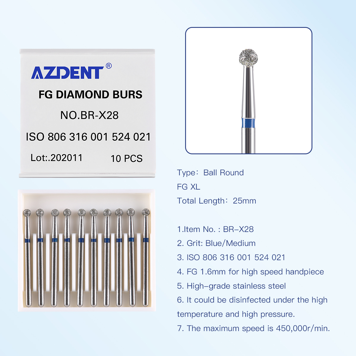 AZDENT Dental Diamond Bur FG Burs 1.6mm For High Speed Handpiece Length 25mm XL Type Ball Round Shape10pcs/Box