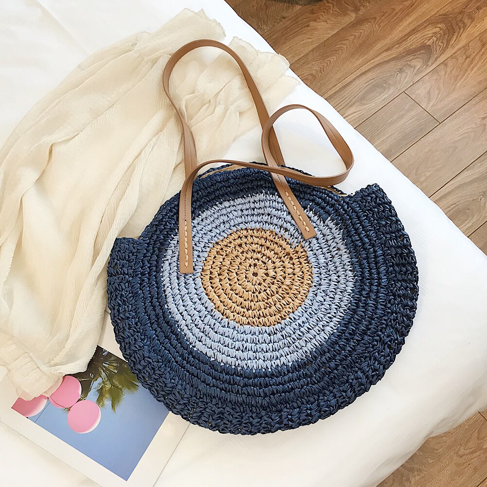 Grote Ronde Stro Strand Tassen Voor Vrouwen Handgemaakte Geweven Schoudertas Raffia Cirkel Rotan Zakken Bohemian Zomervakantie Tassen: 	Blue
