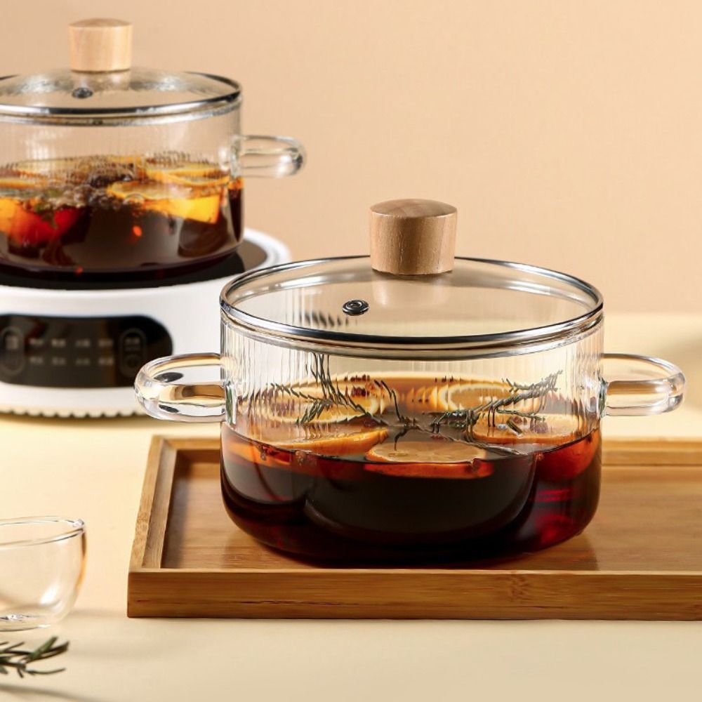 Cacerola de vidrio de borosilicato alto de 1,6l, olla de cocina con mango Binaural resistente al calor con tapa, tazón de fideos transparente Ramen