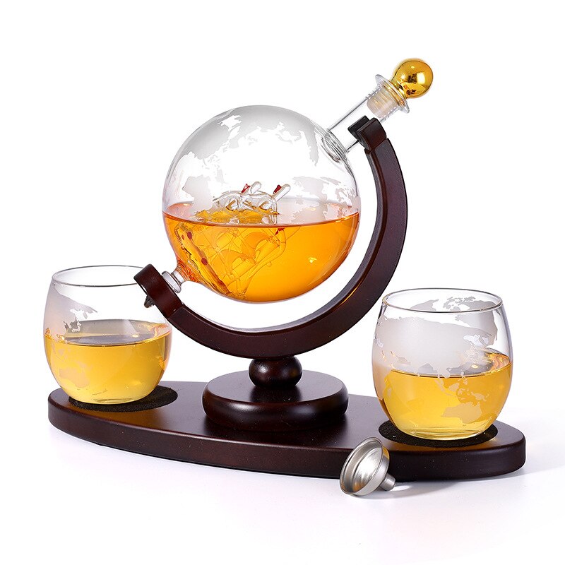 Whiskey Decanter Globe Set with 2 Etched Globe Whisky Glasses - for Liquor, Bourbon, Vodka - 850Ml.: Default Title