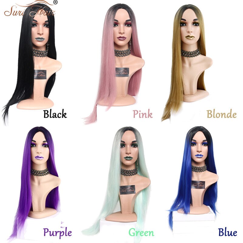 Suri-Peluca de pelo largo liso para mujer, pelo largo sintético resistente al calor, color rosa ombré, dos tonos, 30 pulgadas, negro, marrón, azul, 7 colores