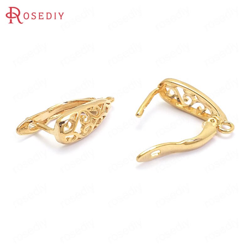 (37204)6 uds. De latón dorado con patrón de 17MM y 24K rizado en forma de gota, pines de pendientes, aretes, corchetes, fabricación de joyas, suministros