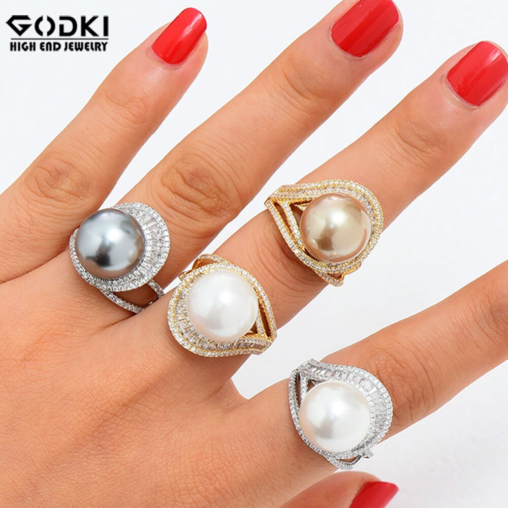 GODKI luxe grande Imitation perle fleur gras bagues avec Zircon pierres femmes fiançailles fête bijoux de