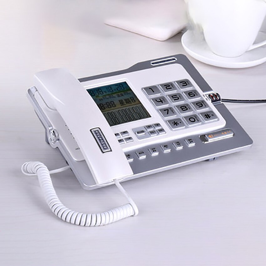 Kontorstelefon med telefonsamtal med uppringnings-id / samtal väntar, högtalartelefon, svartlista, miniräknare med dubbla gränssnitt och väckarklocka: Vit
