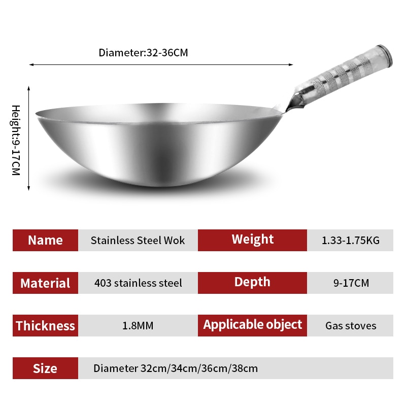 32Cm Rvs Wok 1.8Mm Dikke Chinese Wok Traditionele Non Stick Roesten Gas Wok Fornuis Pan koken