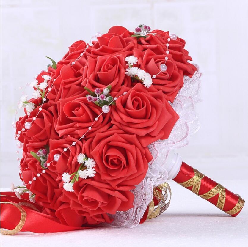 Bourgondië Wedding Boeket Roze/Rood/Wit/Bourgondië Bridal Bruidsmeisje Bloem Kunstmatige Bloem Roos Boeket Bruid AA130: red
