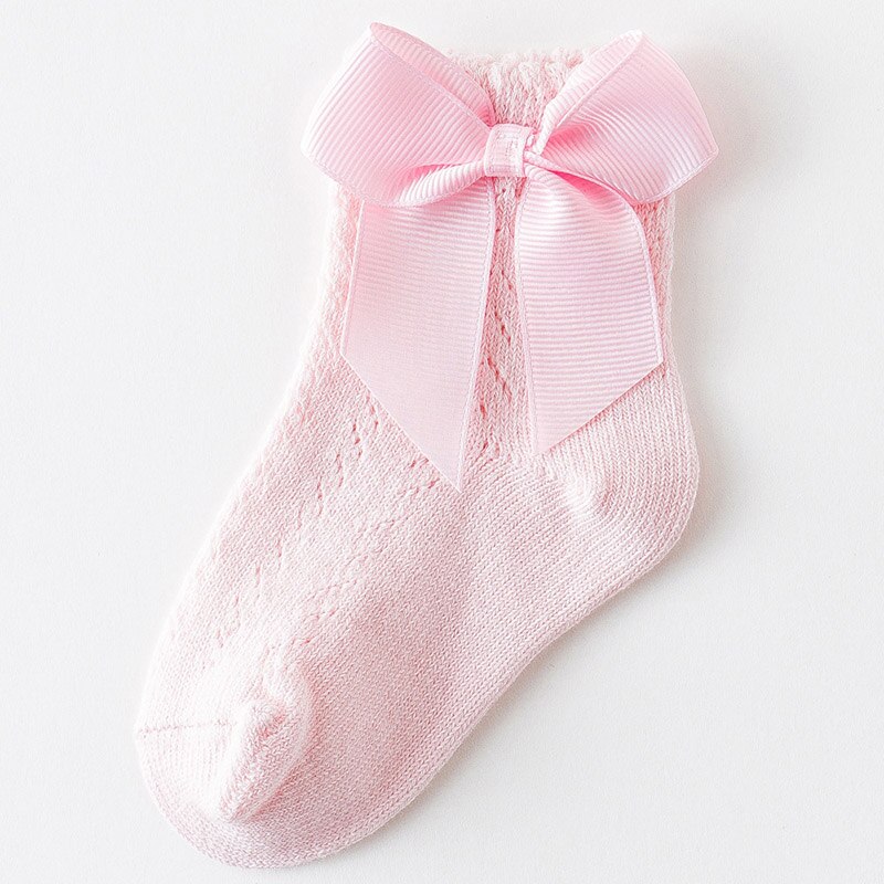 Cute Bowknot Baby Socks Newborn Summer Soft Cotton Baby Girls Socks Solid Color Breathable Kids Mesh Socks: peach pink