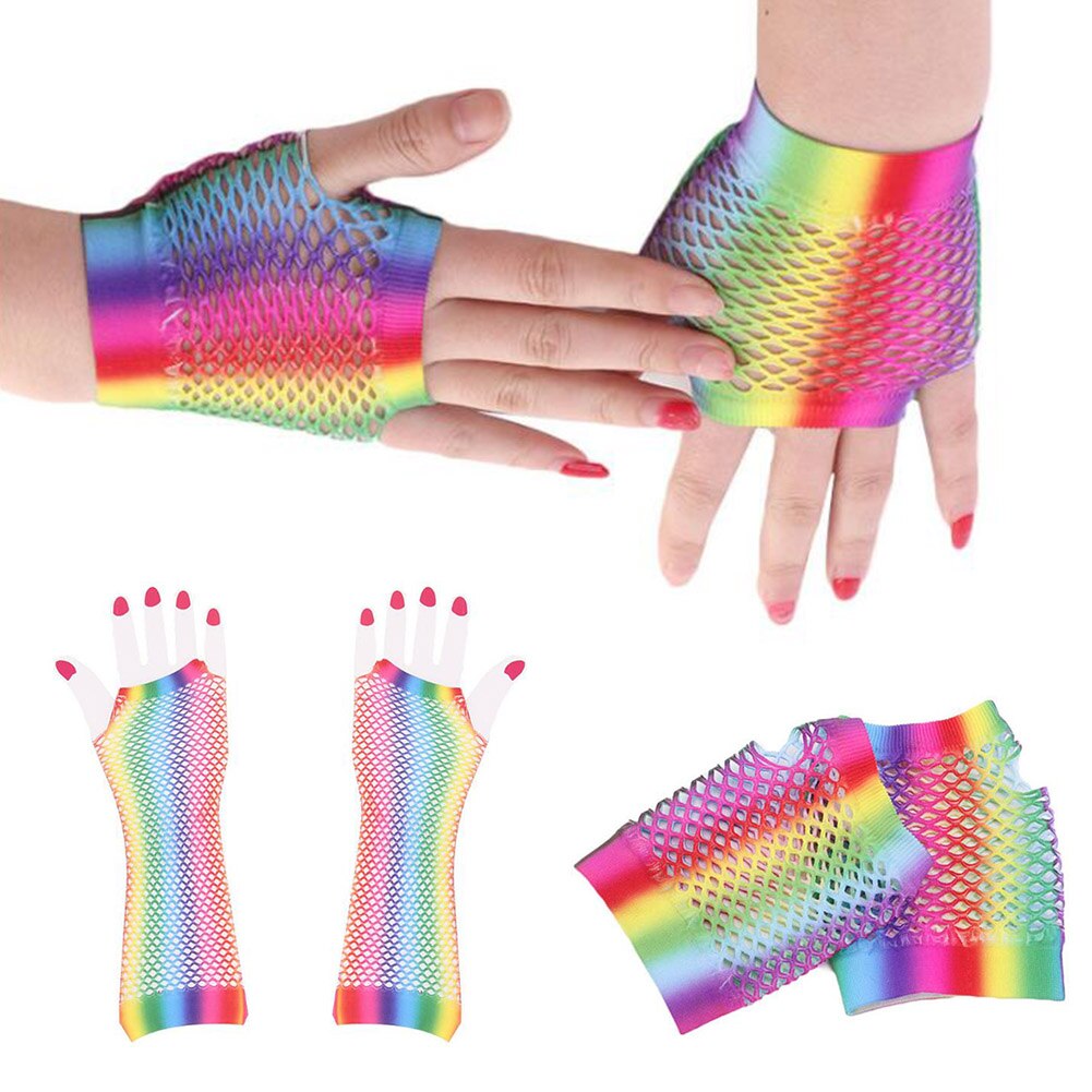 Neue Damen sexy Regenbogen Farbe Gittergewebe Netz Fischnetz Handschuhe Aushöhlen Löcher Finger Handschuhe Dame Disko tanzen Kostüm Halbe Handschuhe