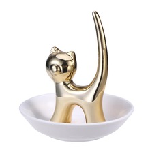 Golden Cat Ceramic Jewelry Storage Plate Organizer Decorative Ring Dish Tray Desktop Ornament for Bracelet Earring Necklace